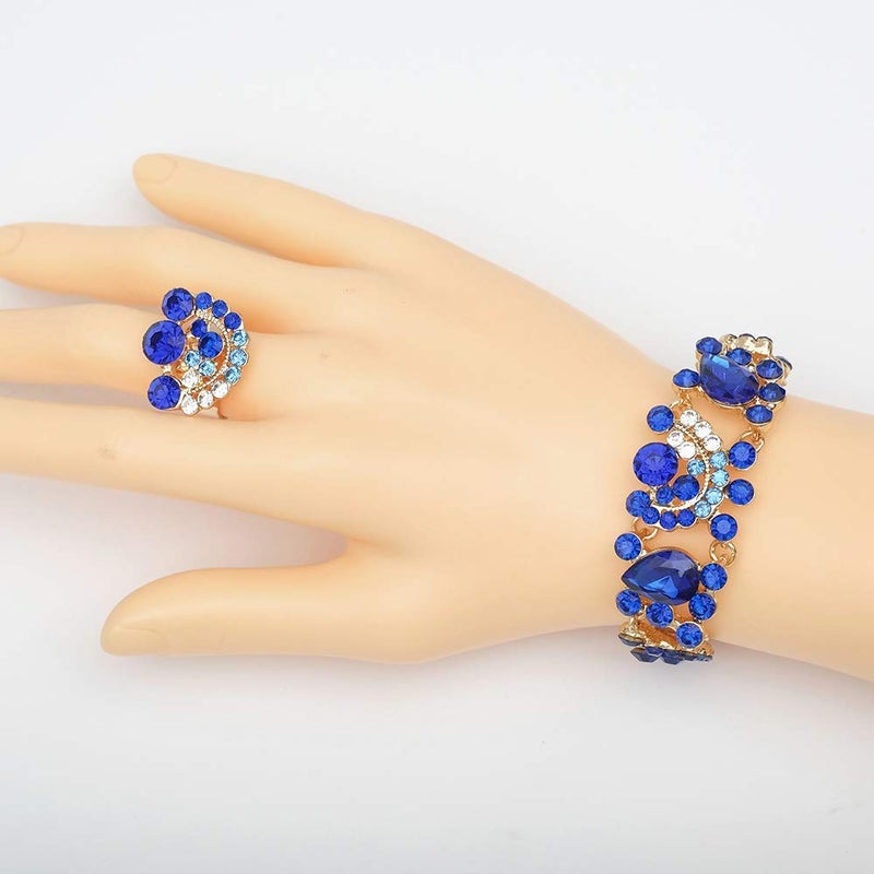 CSY 4 Pcs/Sets Elegant Crystal Necklace Earrings Bracelet Ring Bridal Wedding Costume Jewelry Sets for Brides Women Gifts (Royal Blue) - Image 5